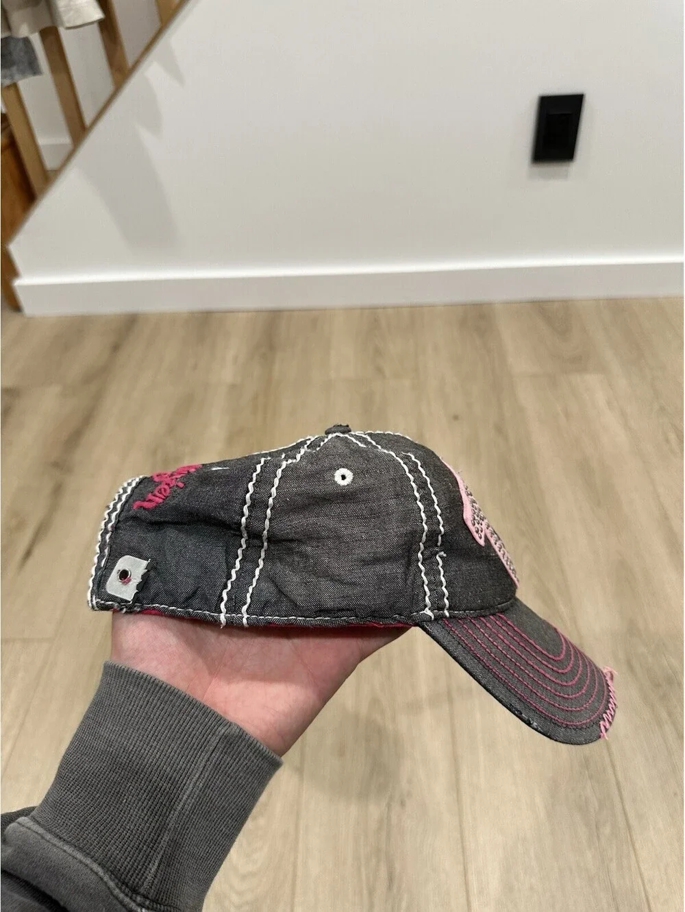True Religion Distressed Gray Pink Adjustable Strap-Back Hat BROKEN